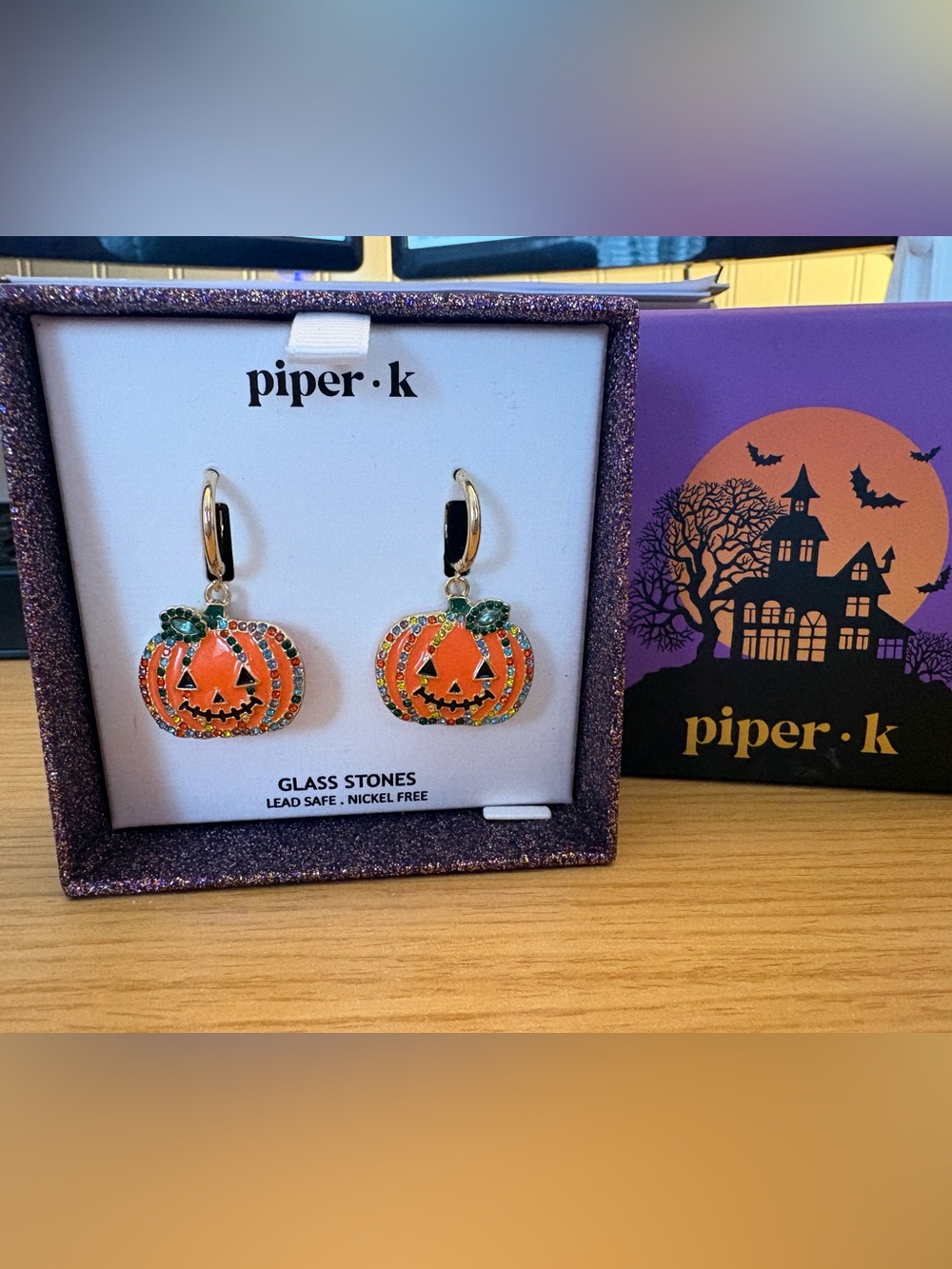 Piper Pumpkin Jack-O'-Lantern Dangle Earrings in Orange and Green